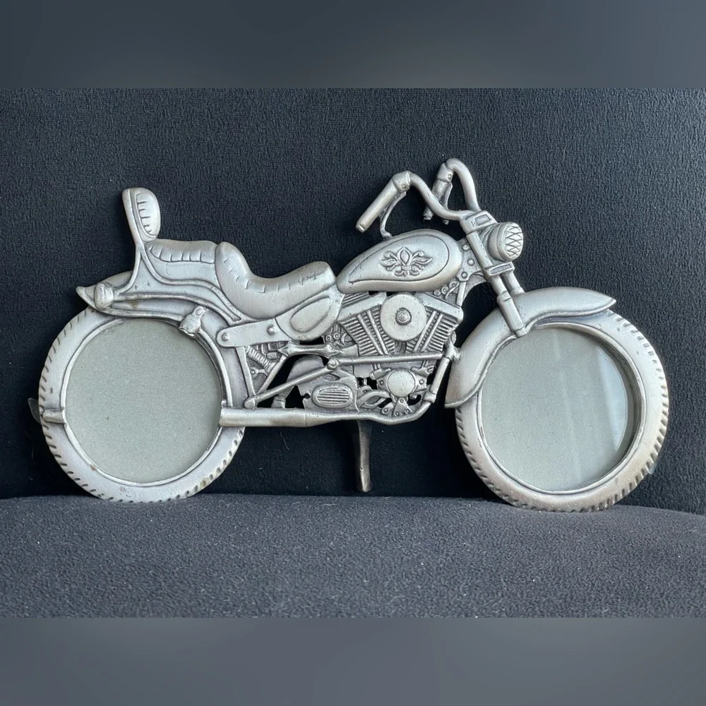 Pewter Harley Motorcycle Picture Frame Holds 2 Photos Signed WF